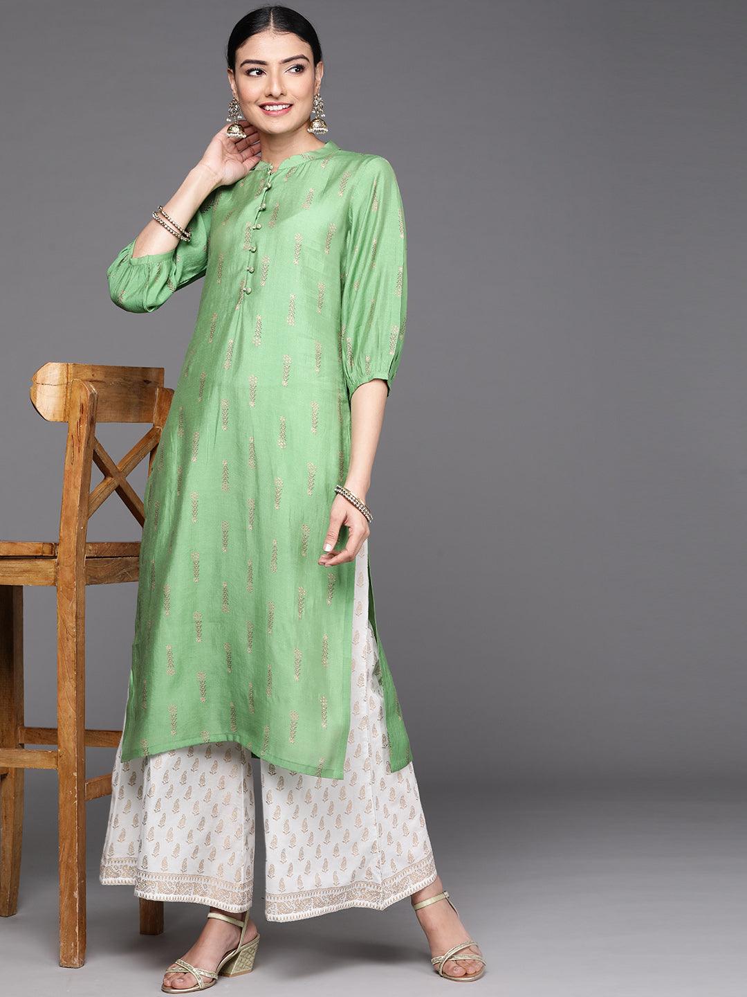 Green Printed Chanderi Silk Kurta - Libas