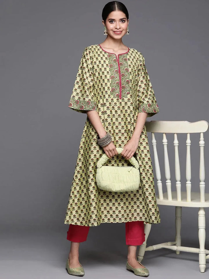 Green Printed Chanderi Silk Kurta - Libas