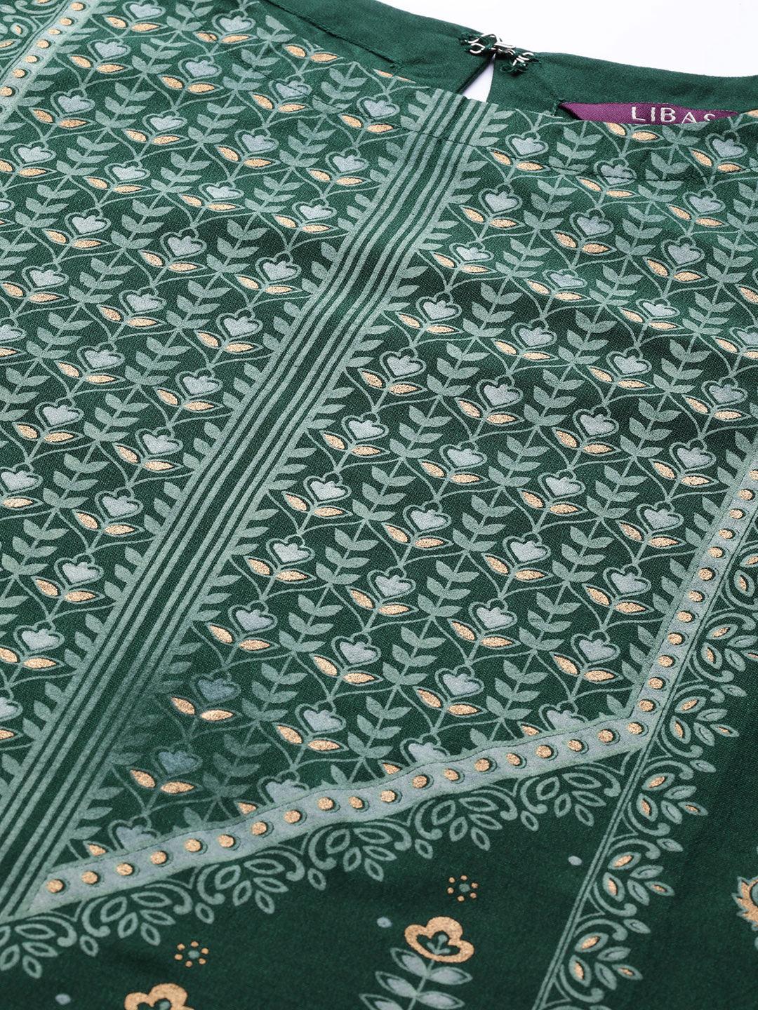 Green Printed Chanderi Silk Kurta - Libas