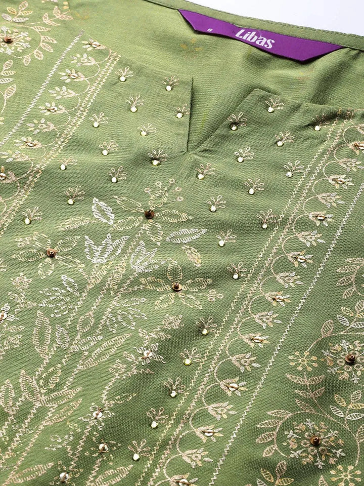 Green Printed Chanderi Silk Kurta - Libas