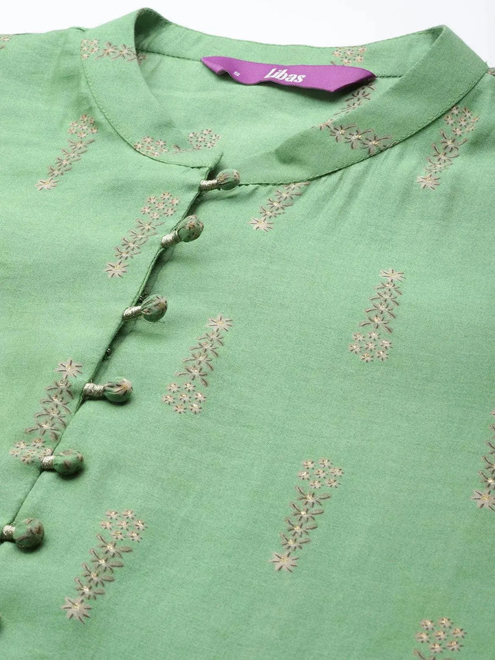 Green Printed Chanderi Silk Kurta - Libas