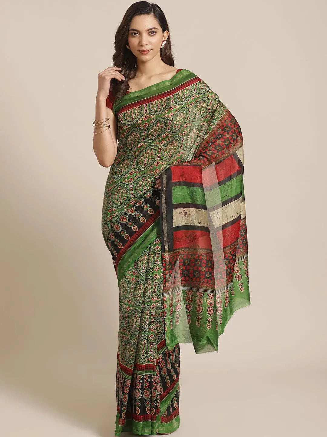 Green Printed Chanderi Silk Saree - Libas