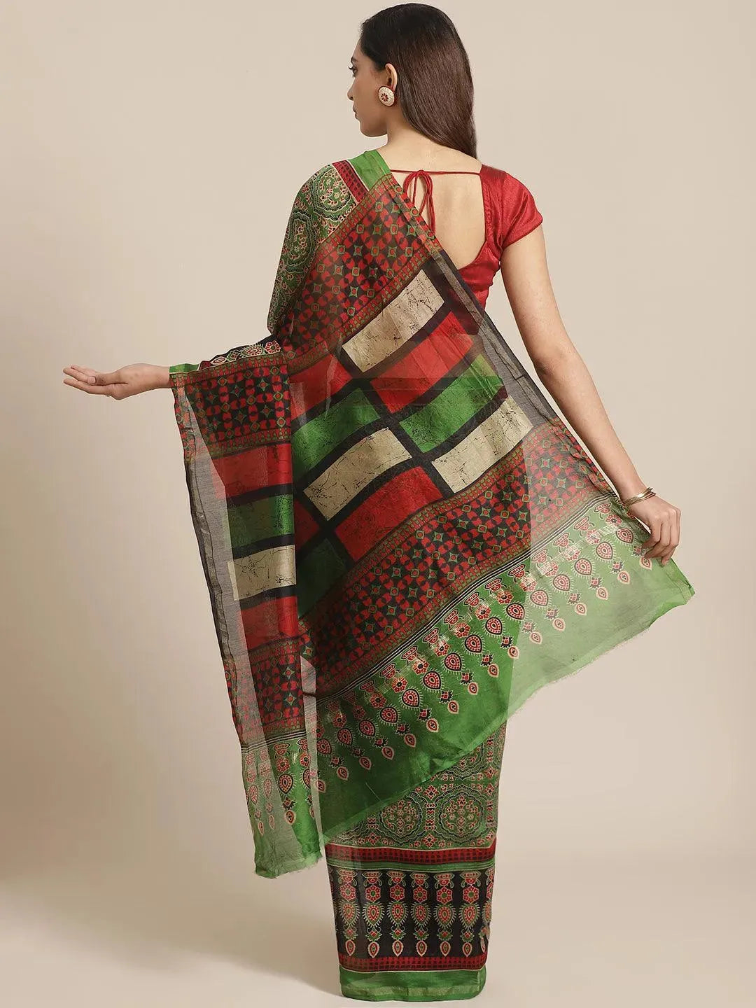 Green Printed Chanderi Silk Saree - Libas