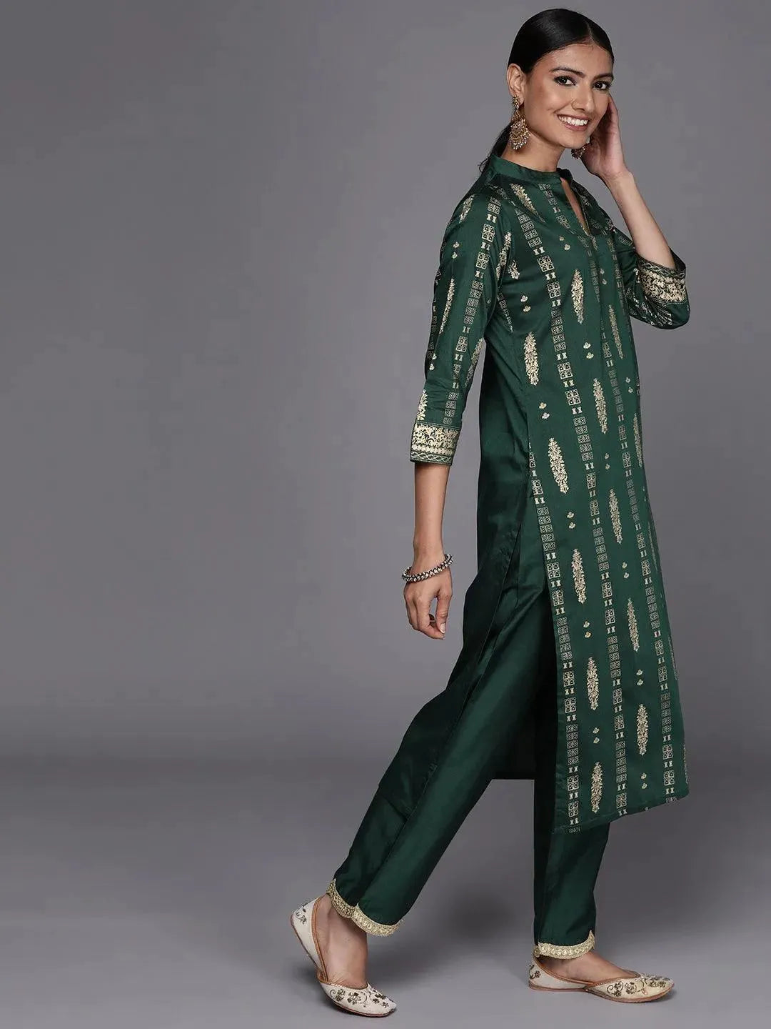 Green Printed Chanderi Silk Straight Suit Set - Libas