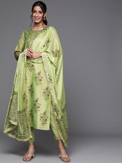 Green Printed Chanderi Silk Suit Set - Libas