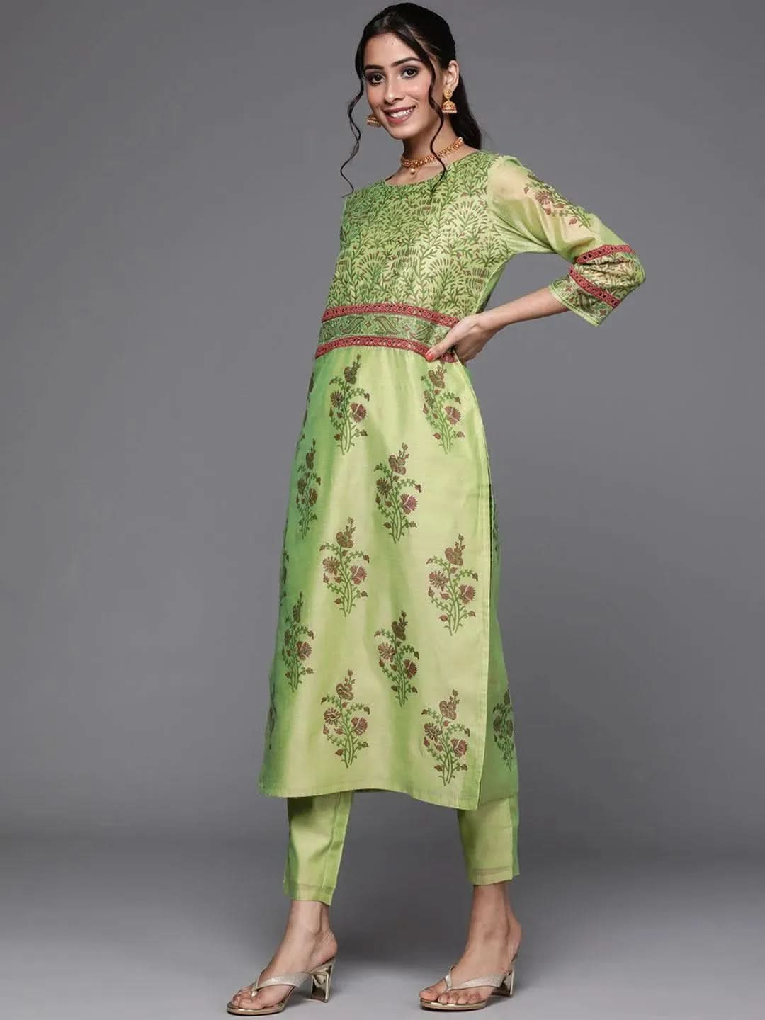 Green Printed Chanderi Silk Suit Set - Libas