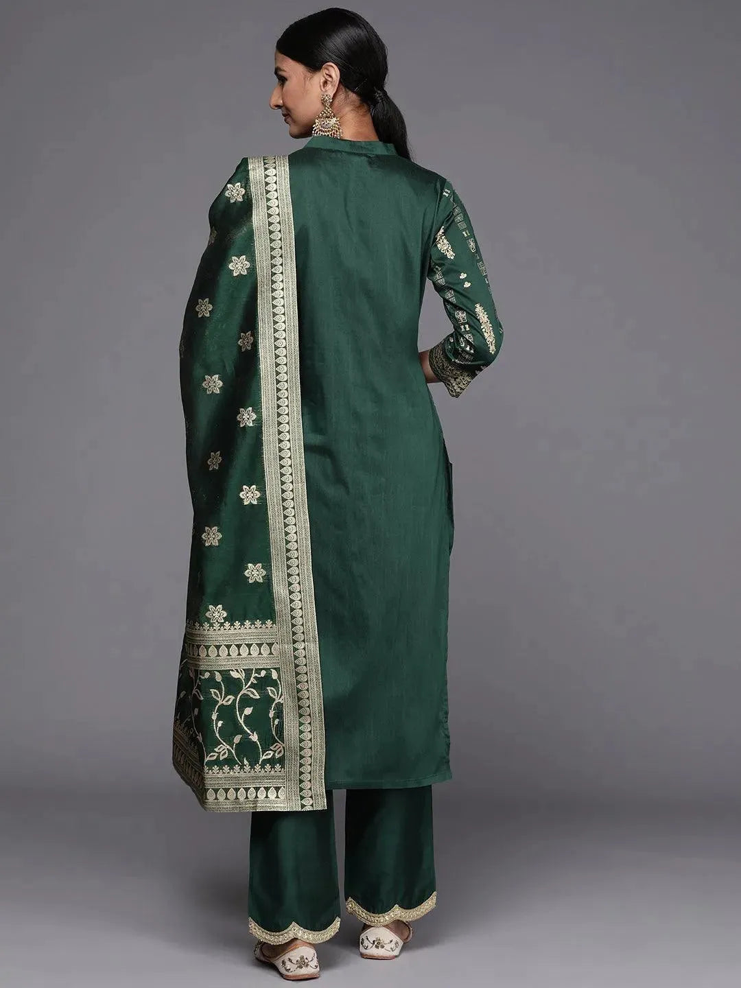 Green Printed Chanderi Silk Straight Suit Set - Libas 