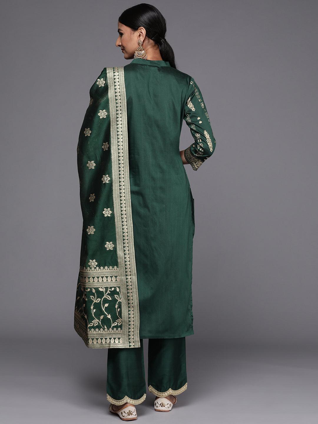 Green Printed Chanderi Silk Straight Suit Set - Libas