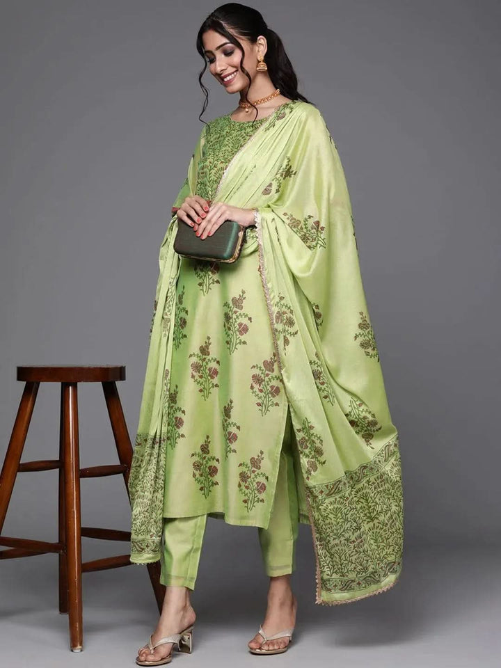 Green Printed Chanderi Silk Suit Set - Libas