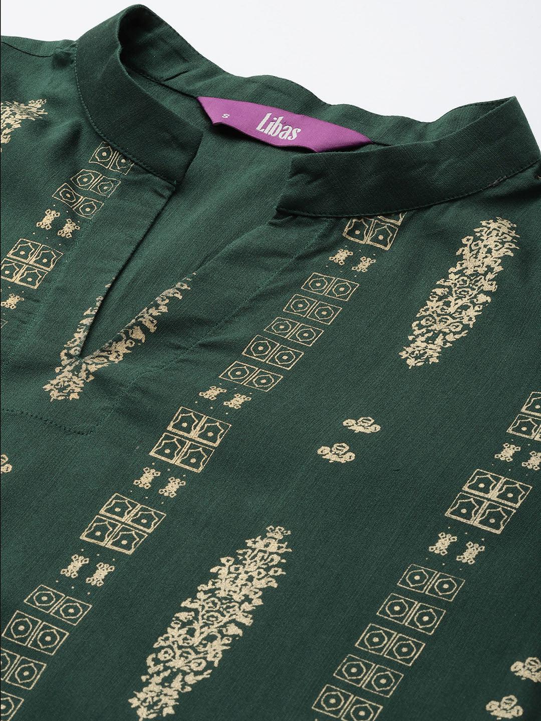 Green Printed Chanderi Silk Straight Kurta With Dupatta