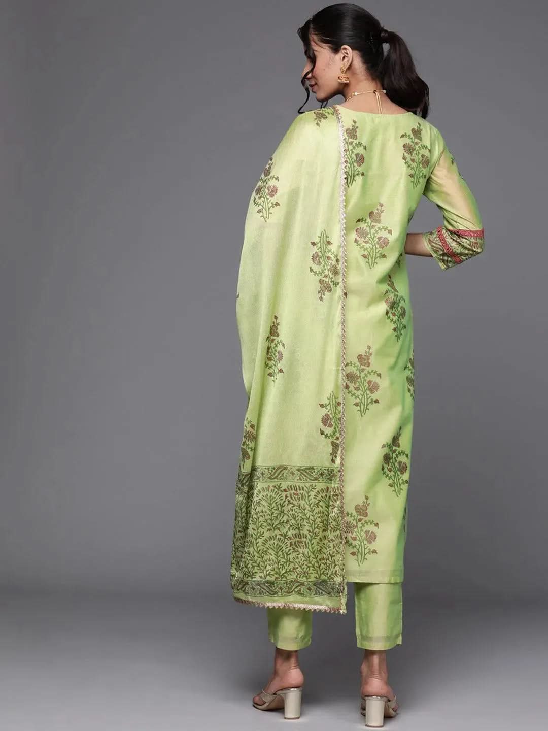 Green Printed Chanderi Silk Suit Set - Libas 