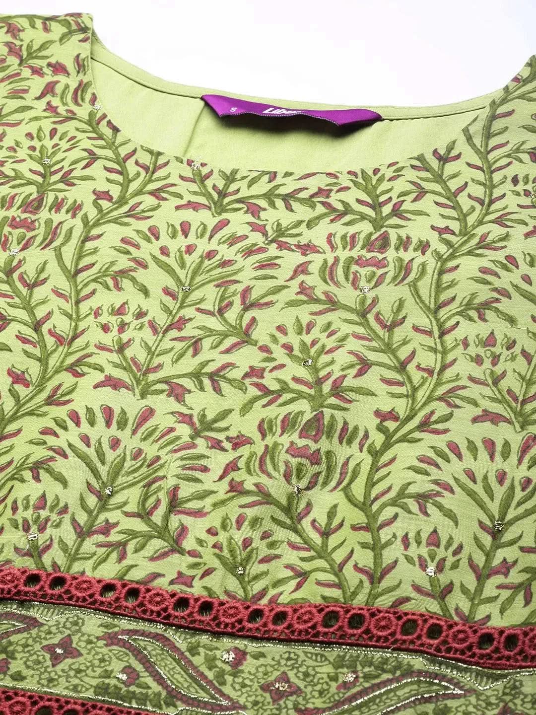 Green Printed Chanderi Silk Suit Set - Libas 
