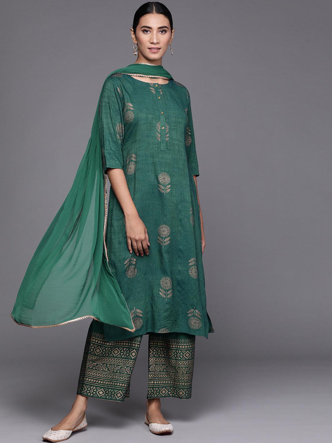 Green Printed Chanderi Silk Straight Kurta With Palazzos & Dupatta