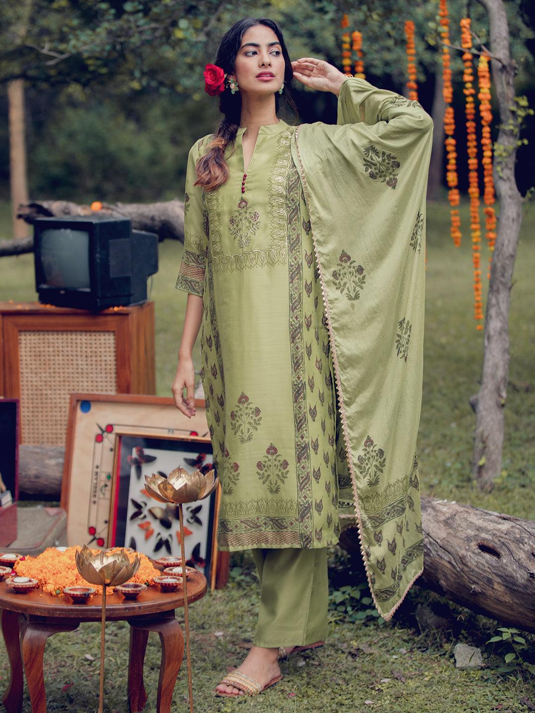 Green Printed Chanderi Silk Suit Set - Libas