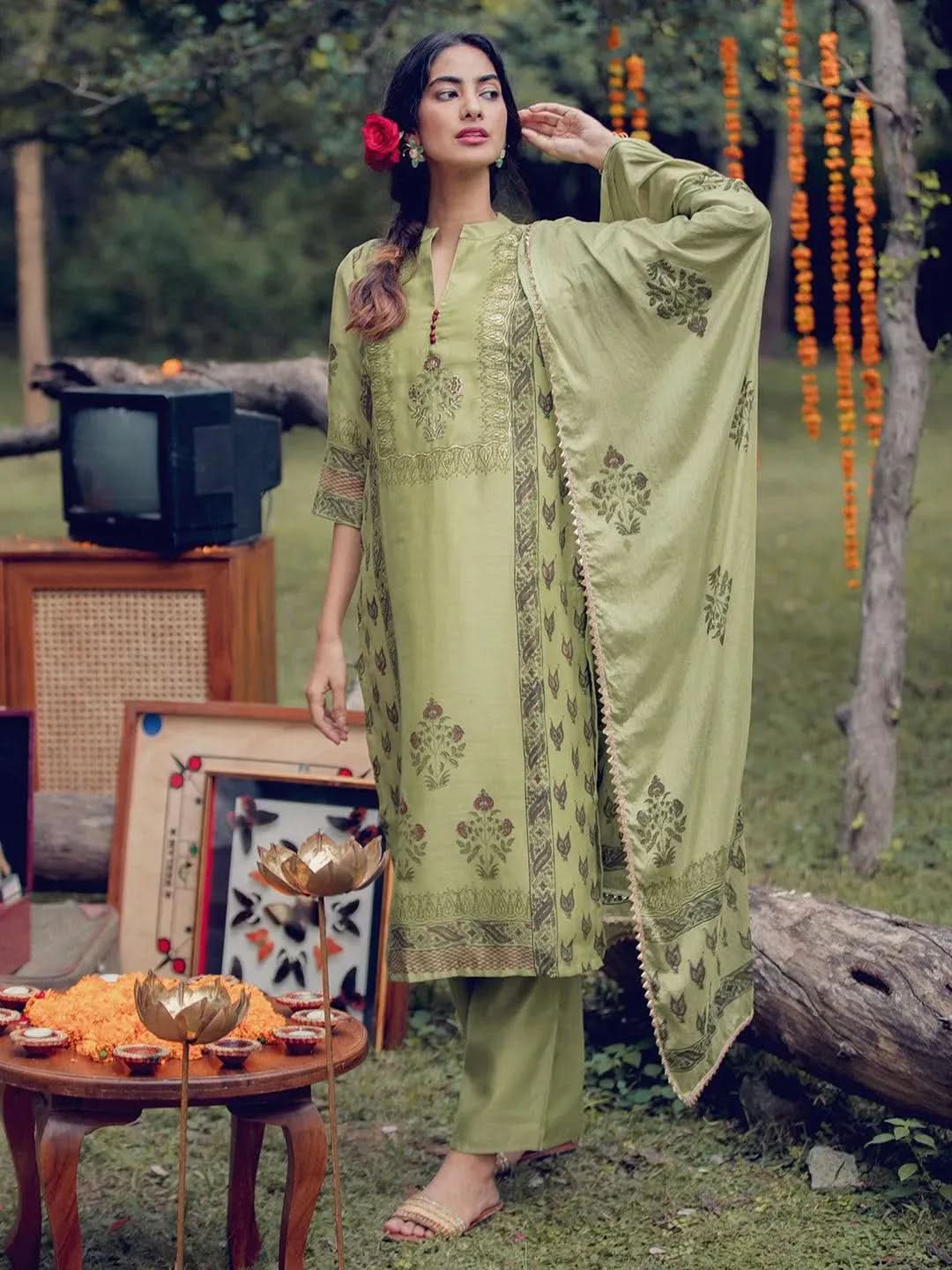 

Buy Green Printed Chanderi Silk Suit Set - 20152O- | Libas Ethnic Wear Online