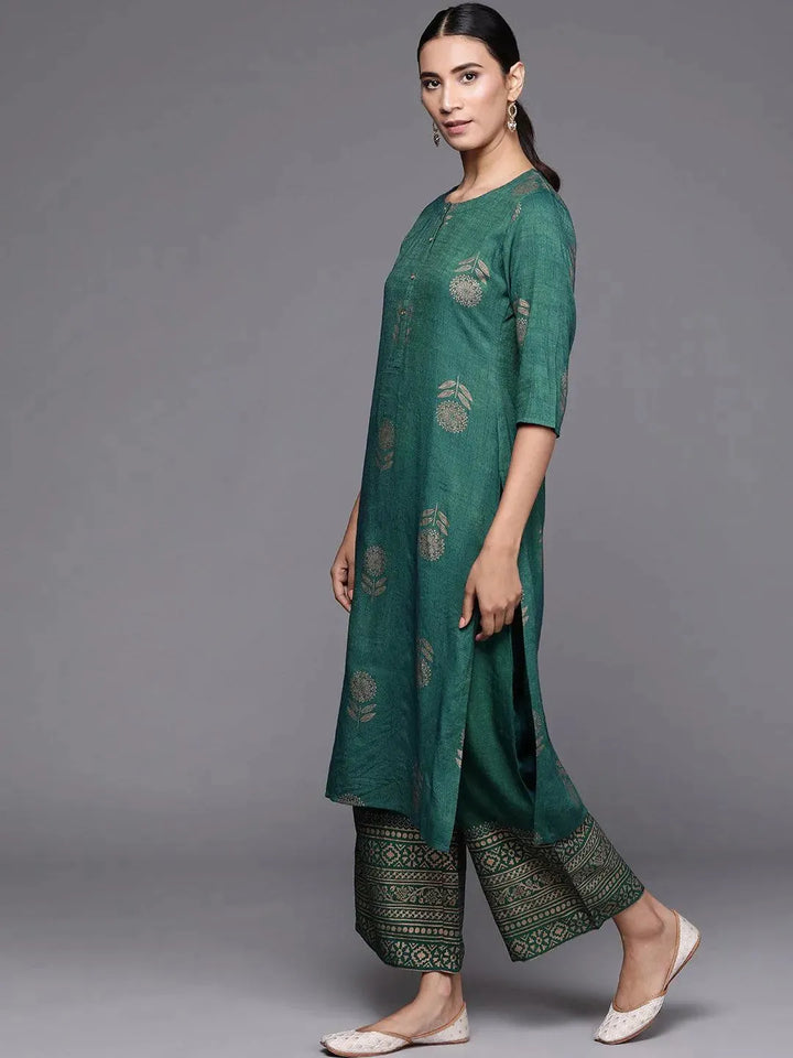 Green Printed Chanderi Silk Suit Set - Libas
