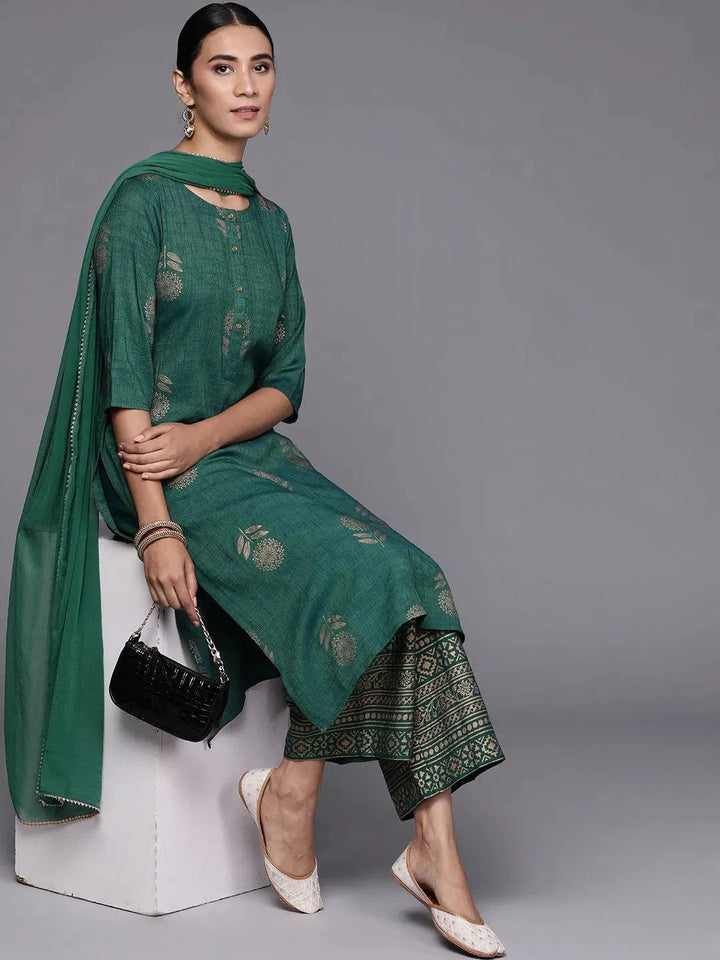 Green Printed Chanderi Silk Suit Set - Libas