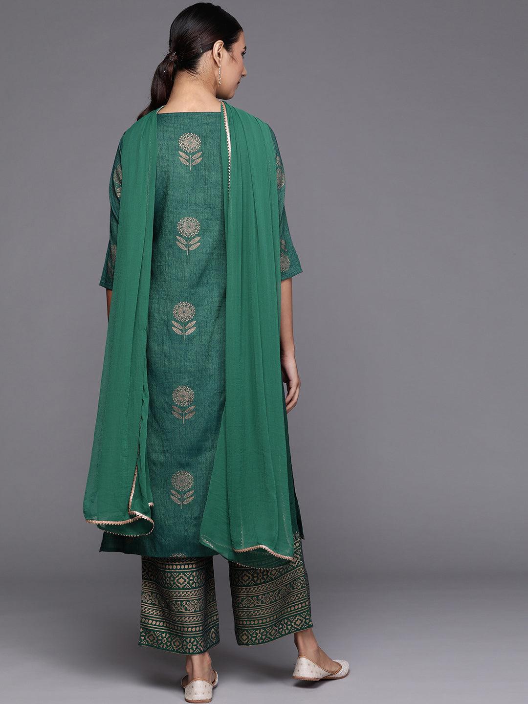 Green Printed Chanderi Silk Straight Kurta With Palazzos & Dupatta