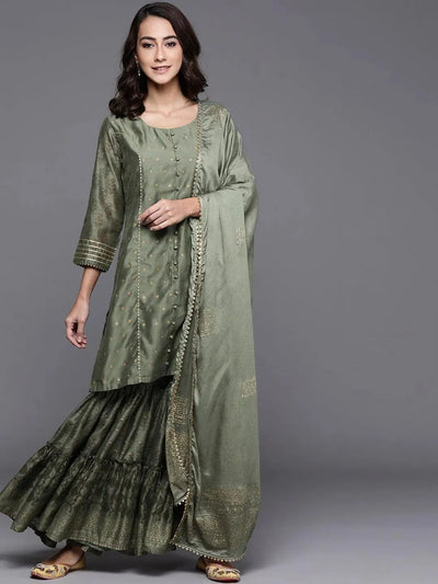 Green Printed Chanderi Silk Suit Set - Libas