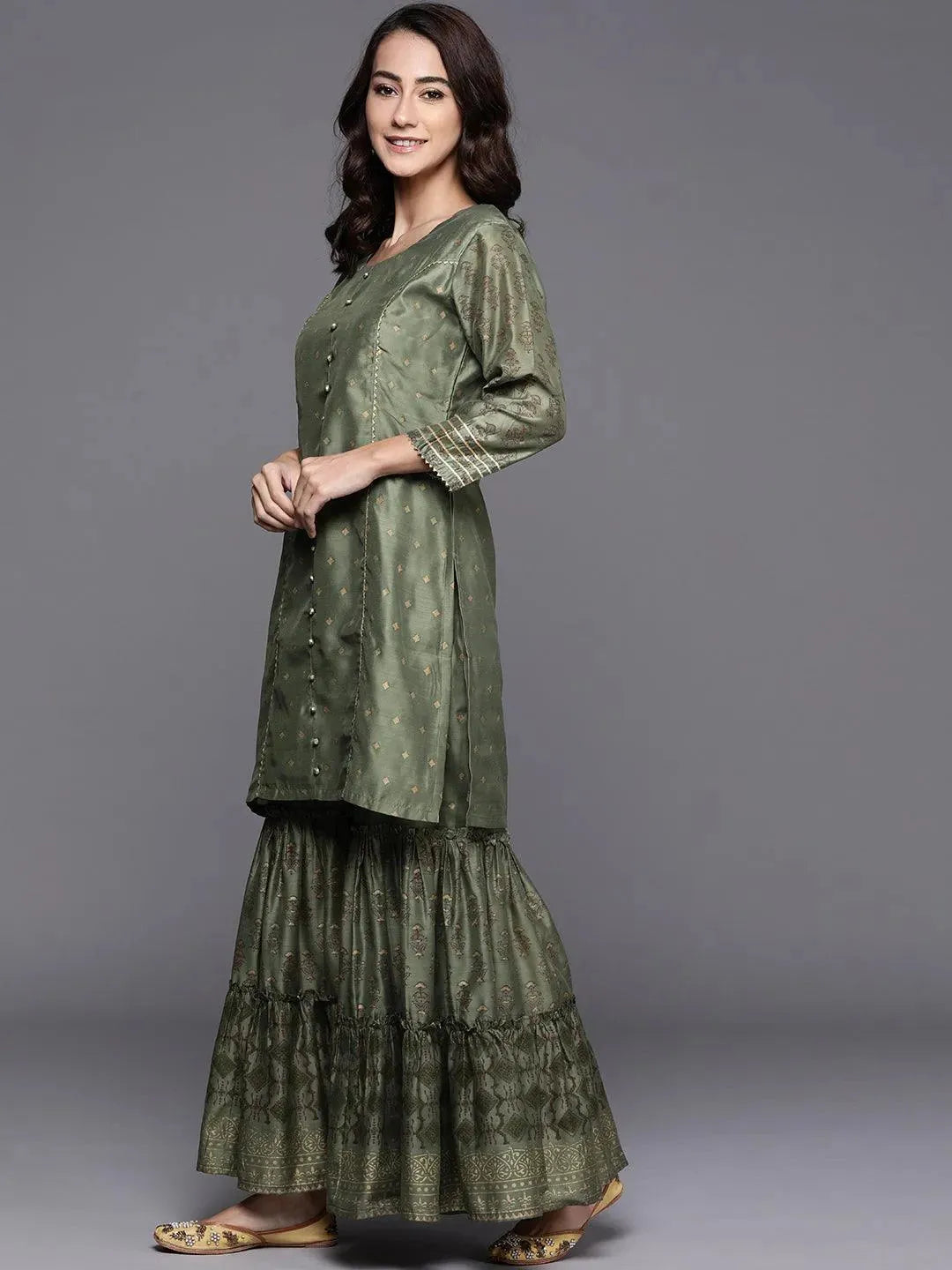 Green Printed Chanderi Silk Suit Set - Libas 