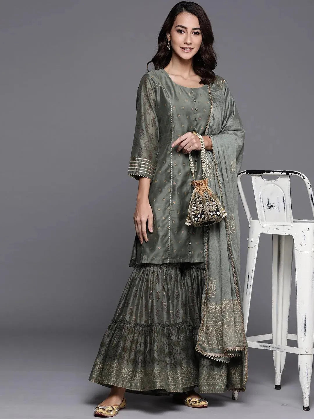 Green Printed Chanderi Silk Suit Set - Libas 