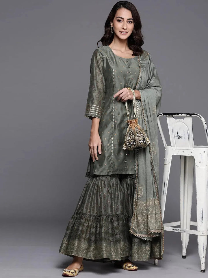 Green Printed Chanderi Silk Suit Set - Libas