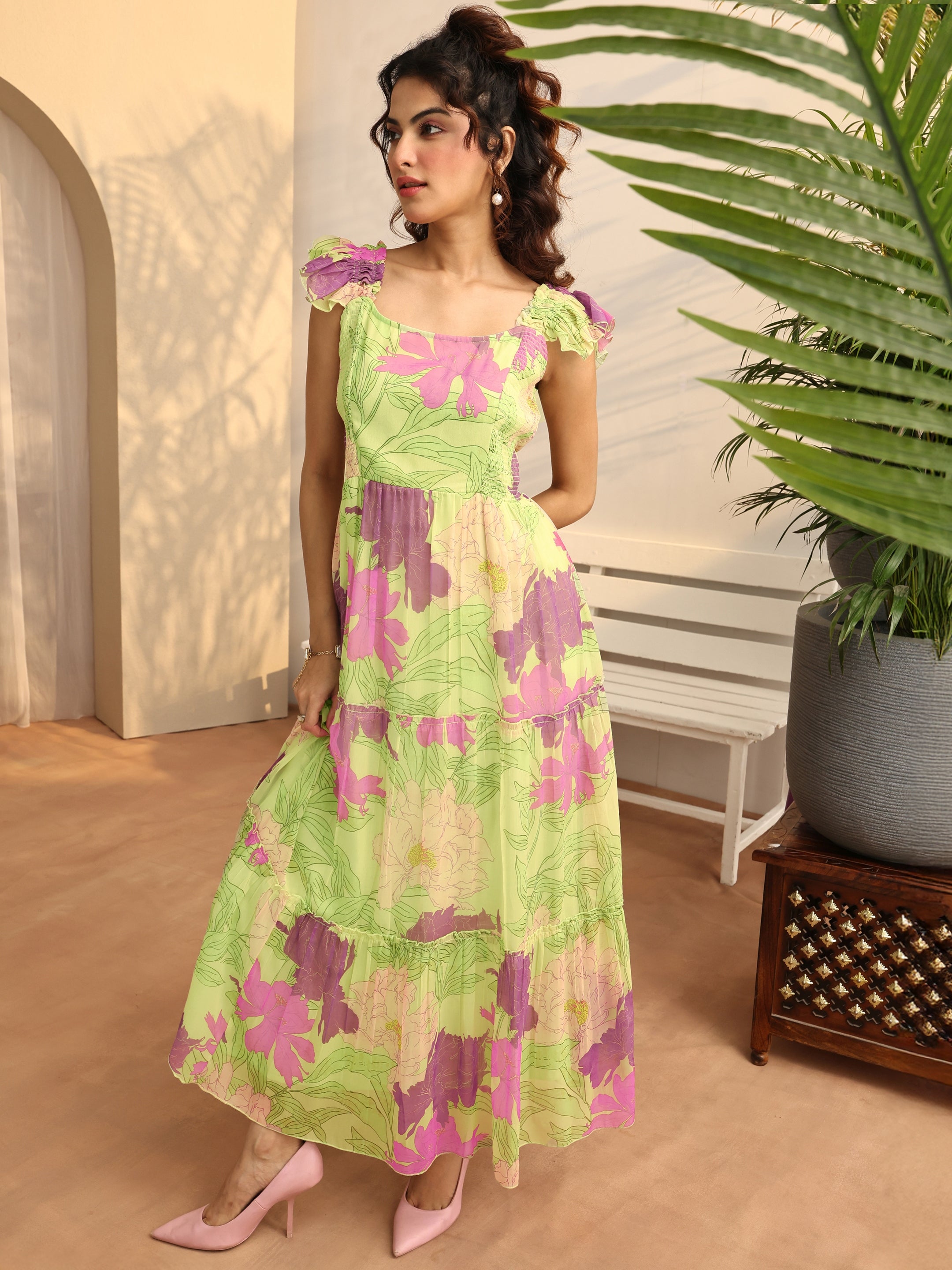libas Green Printed Chiffon Fit And Flare One Piece Dress-picture-33