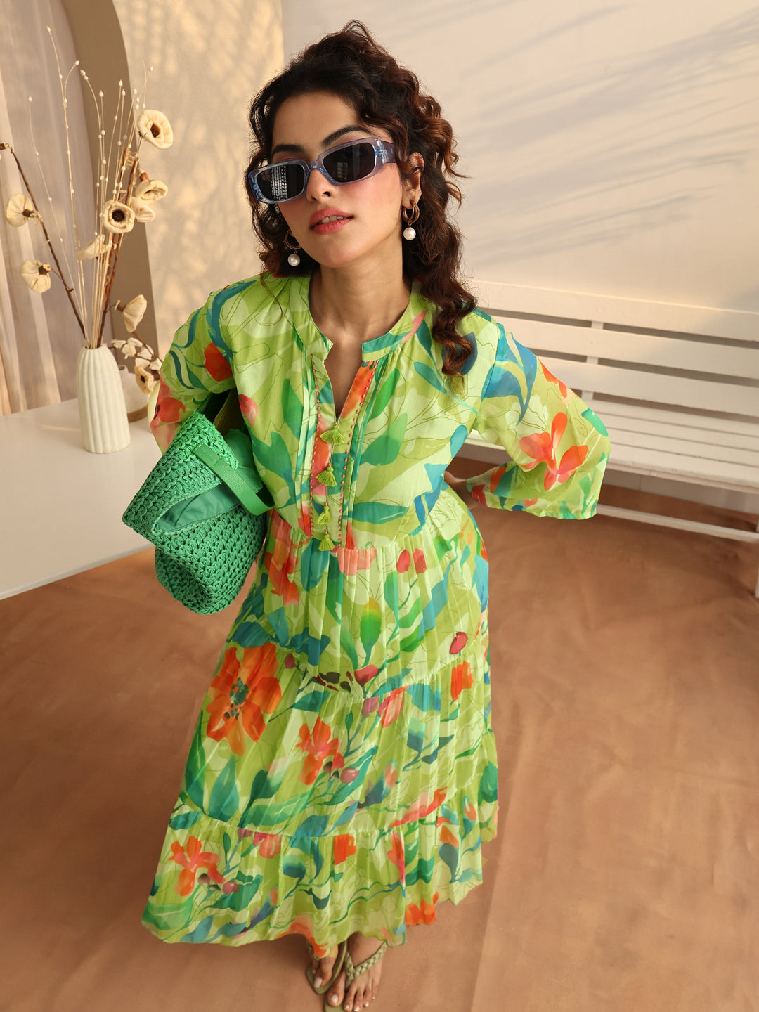  Green Printed Chiffon Fit And Flare One Piece Dress 