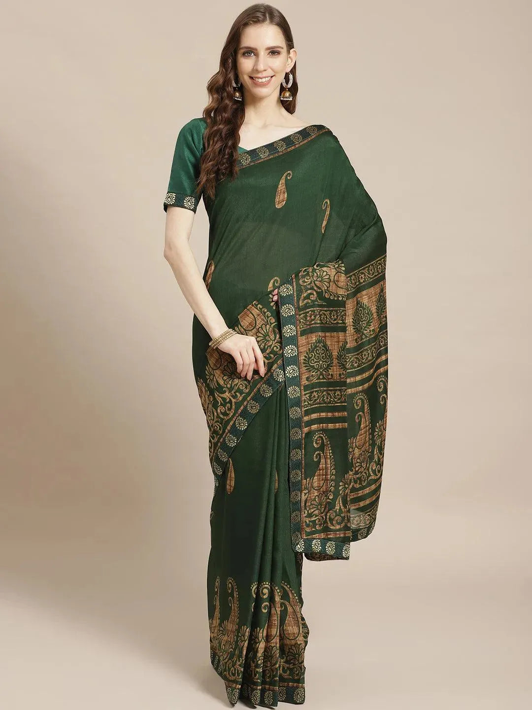 Green Printed Chiffon Saree - Libas