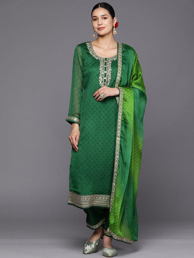 Green Printed Chiffon Straight Suit Set With Trousers - Libas