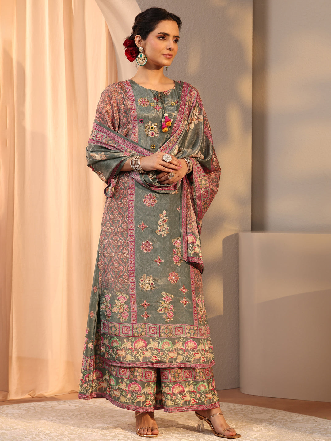  Green Printed Chinon Palazzo Suit Set With Dupatta 