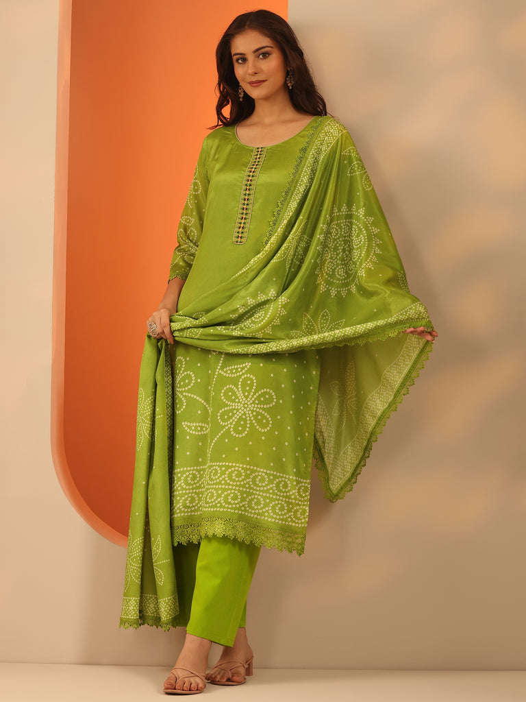Libas Green Printed Chinon Straight Suit Set With Dupatta