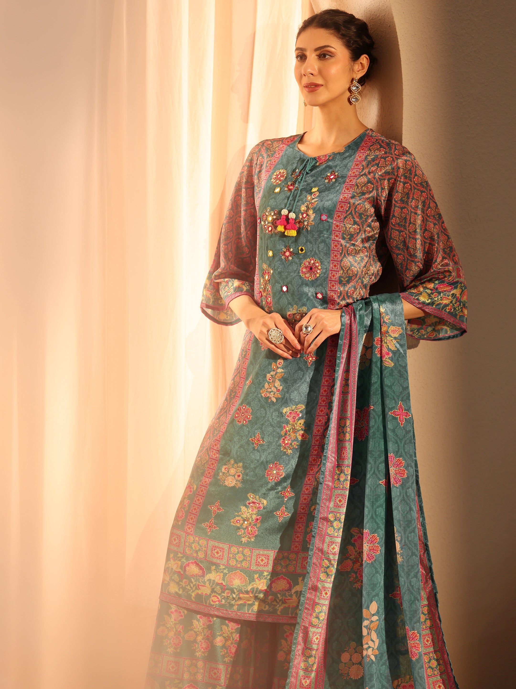 libas Green Printed Chinon Straight Suit Set With Dupatta-picture-49