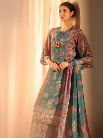 Libas Green Printed Chinon Straight Suit Set With Dupatta