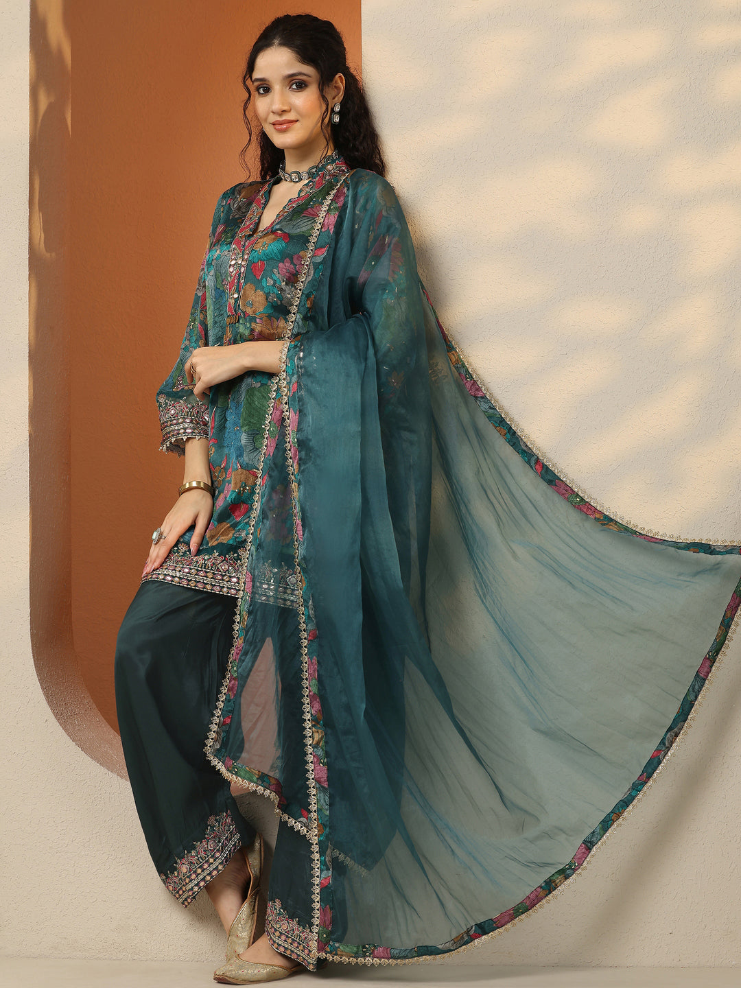 Green Printed Chinon Straight Suit Set With Dupatta