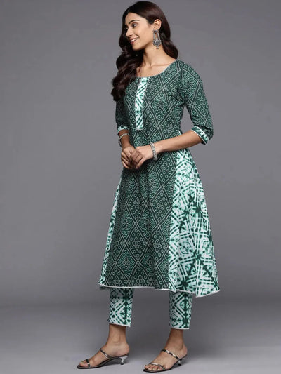 Green Printed Cotton A-Line Kurta - Libas