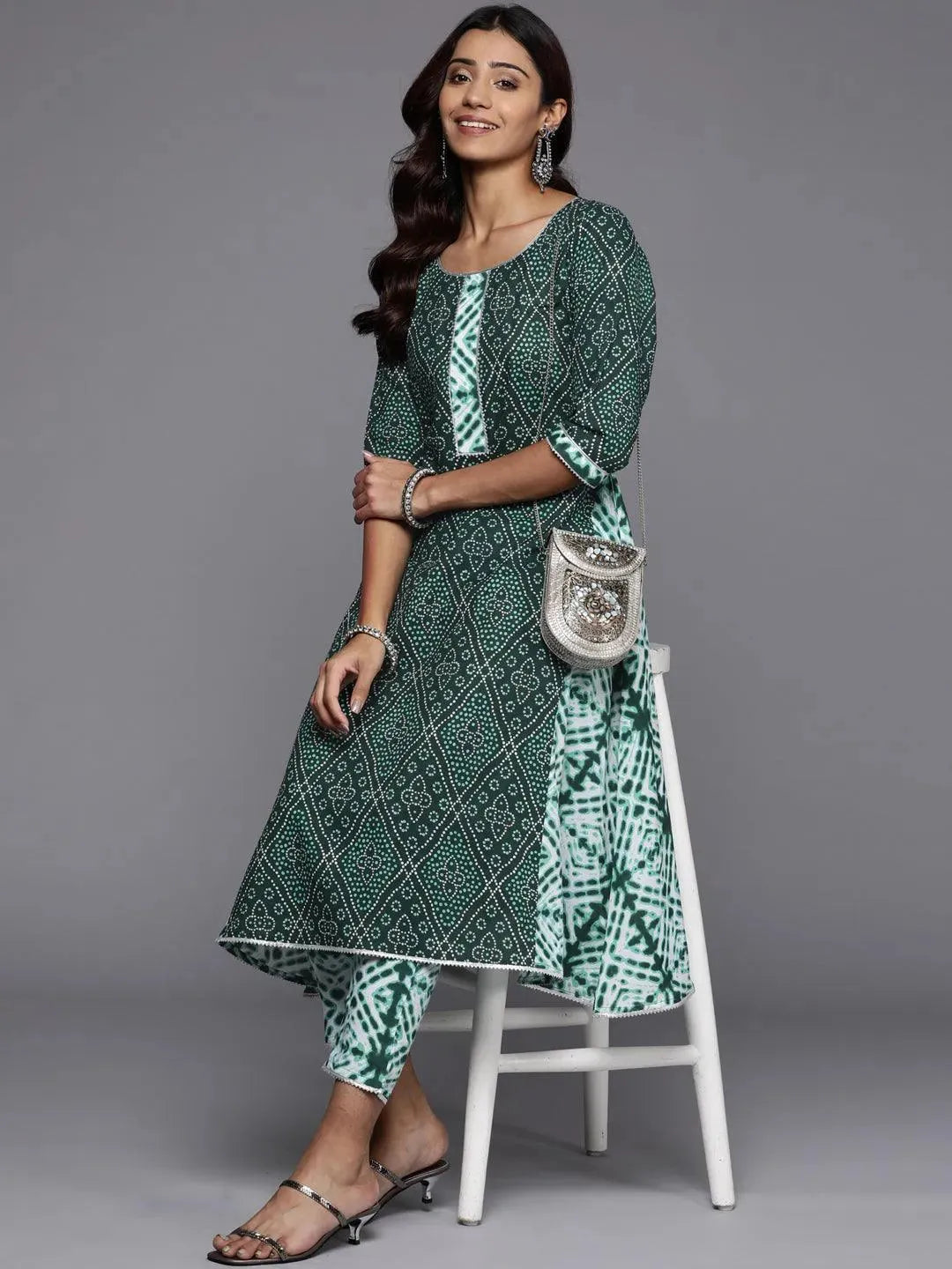 Green Printed Cotton A-Line Kurta - Libas