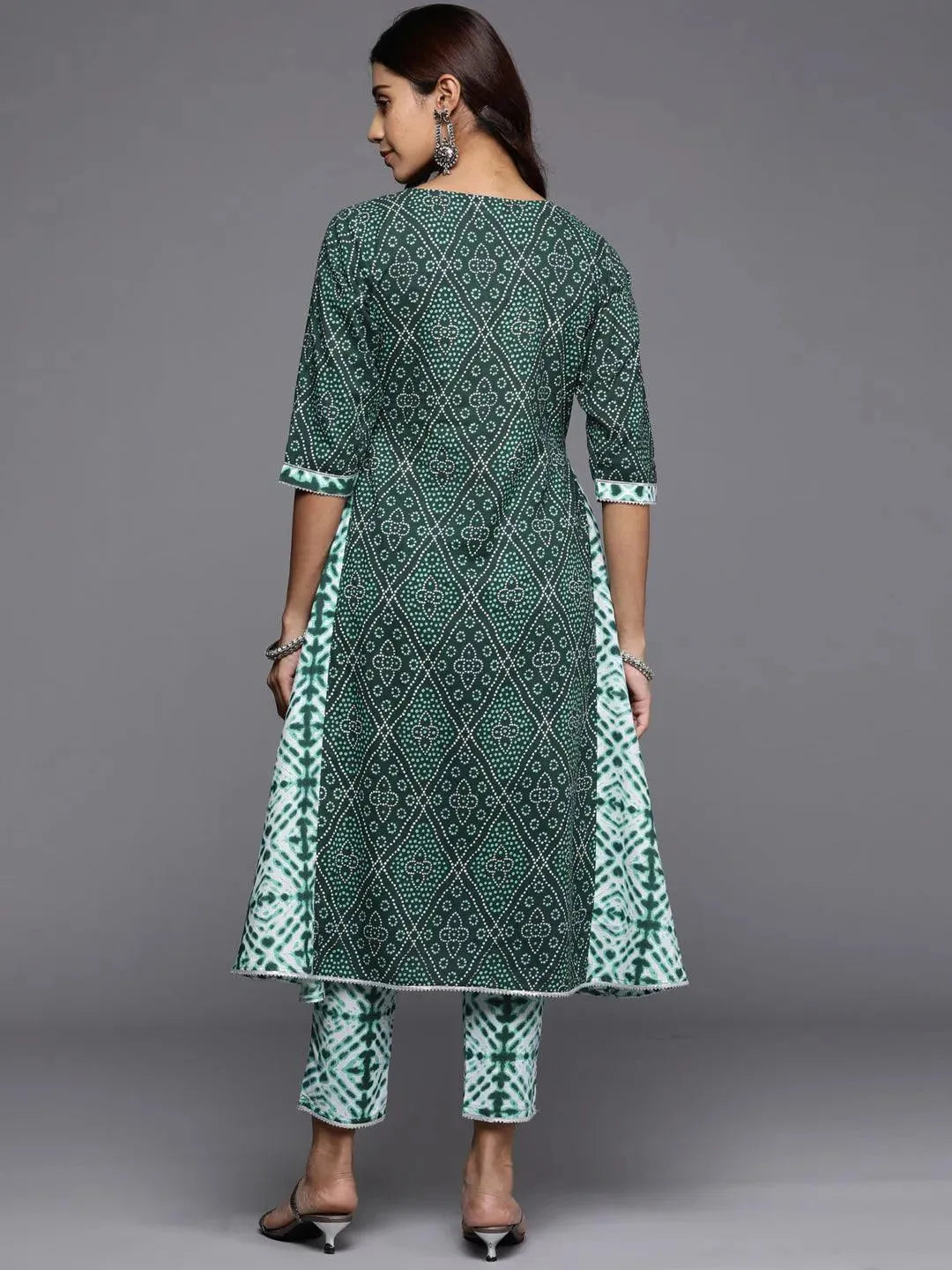 Green Printed Cotton A-Line Kurta - Libas