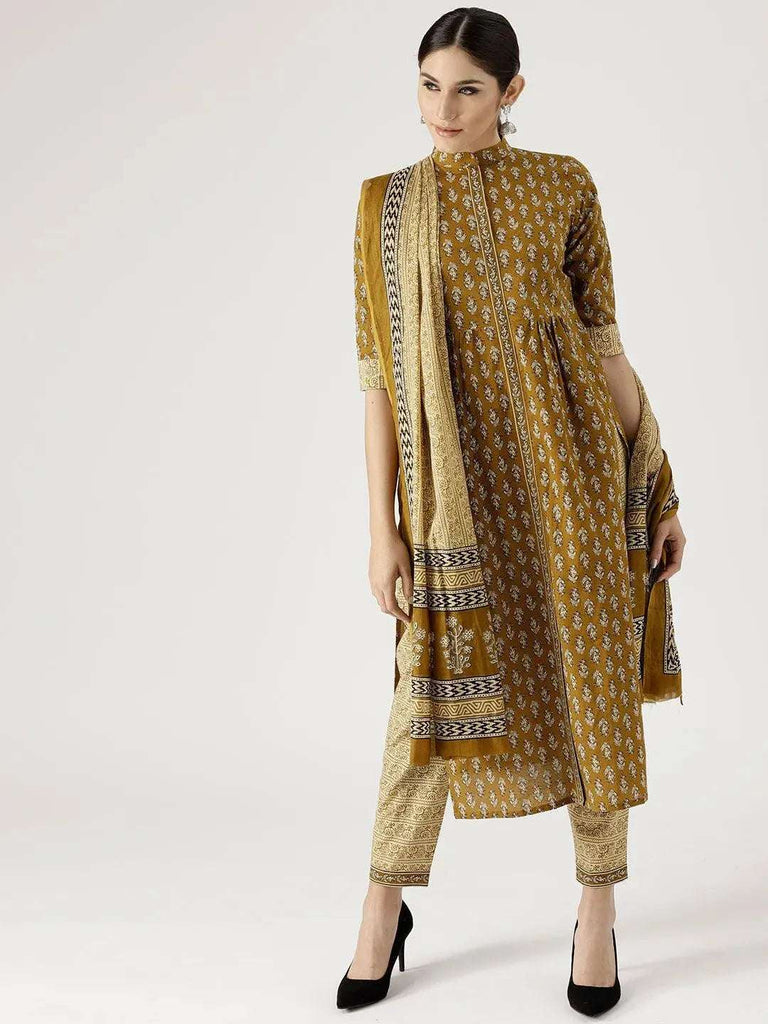 Libas Green Printed Cotton A-Line Kurta With Dupatta