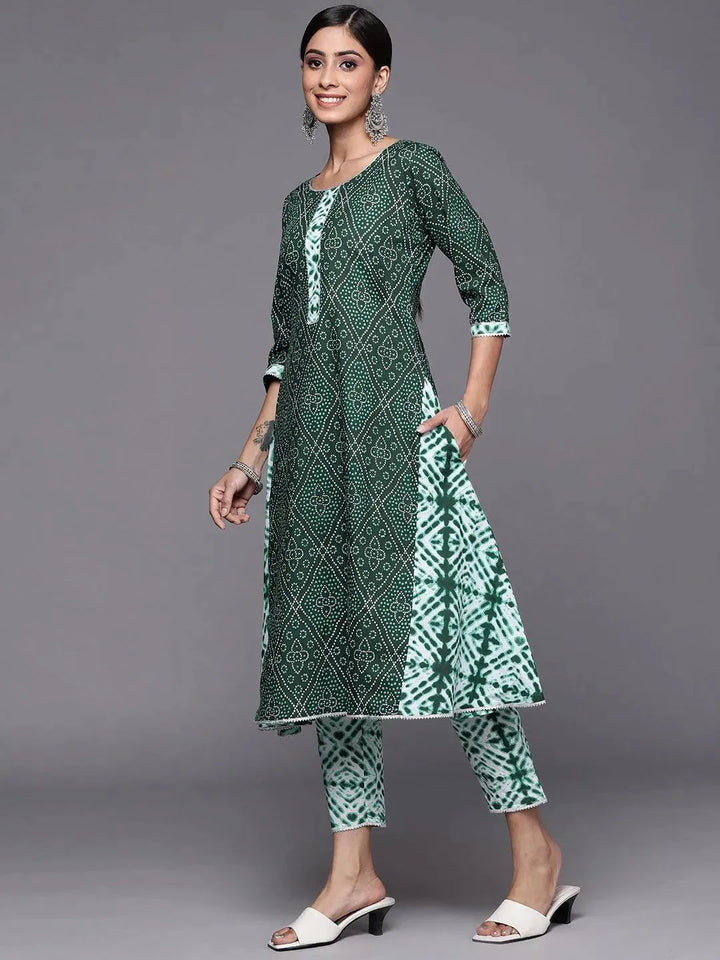 Green Printed Cotton A-Line Suit Set - Libas