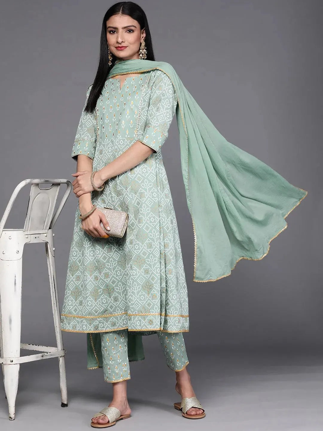 Green Printed Cotton Suit Set - Libas 