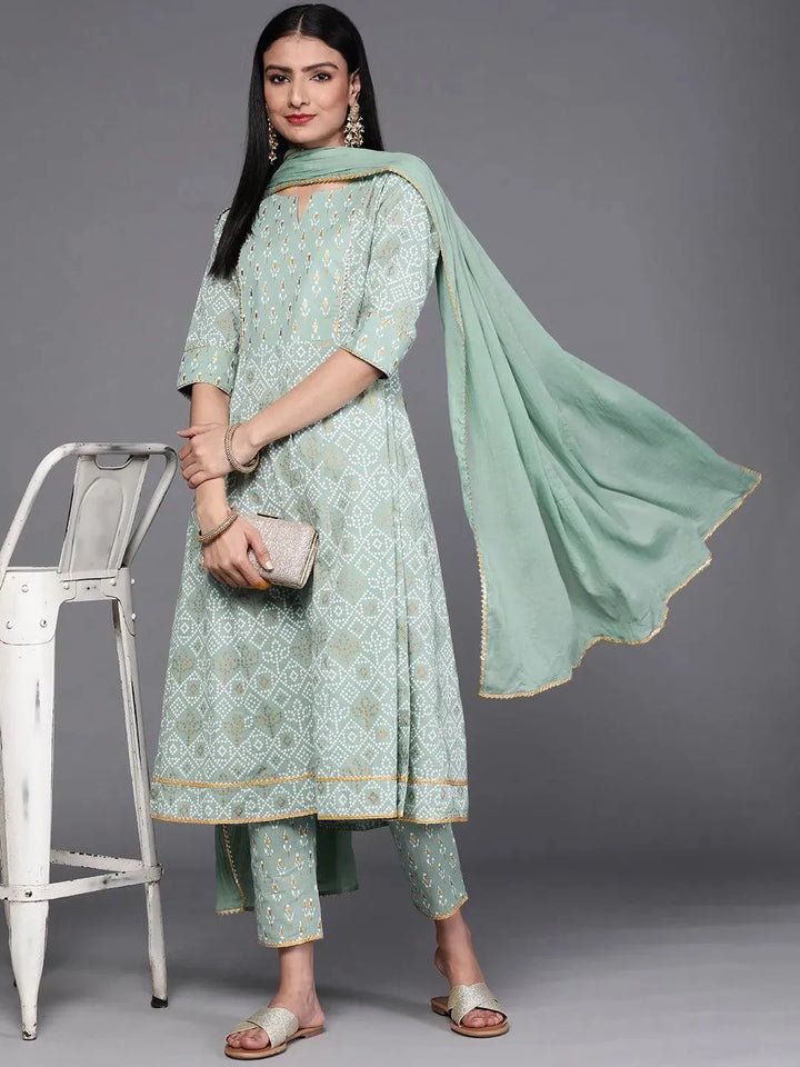 Green Printed Cotton Suit Set - Libas