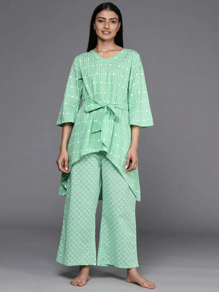 Libas Green Printed Cotton A-Line Kurta With Palazzos