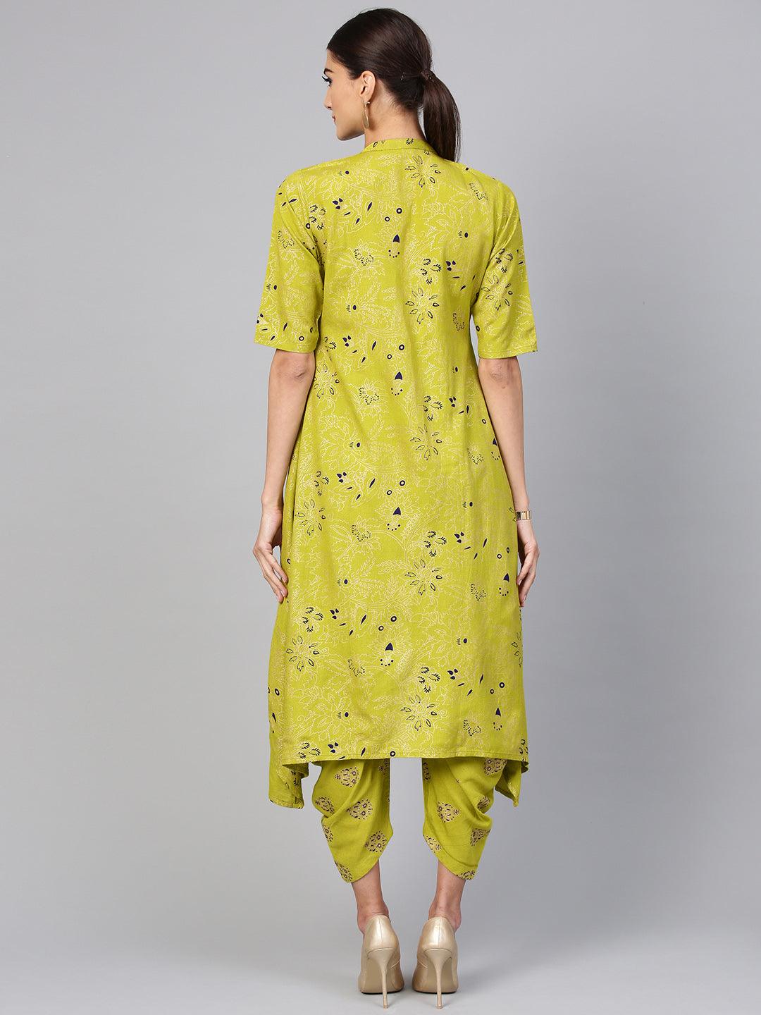 Green Printed Cotton A-Line Kurta With Salwar
