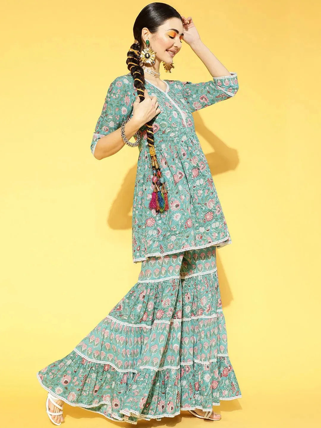 Green Printed Cotton Suit Set - Libas