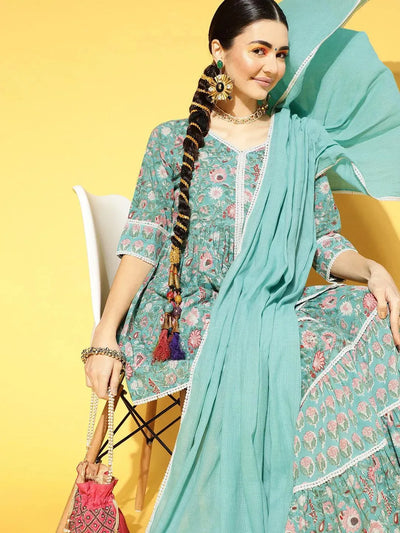 Green Printed Cotton Suit Set - Libas