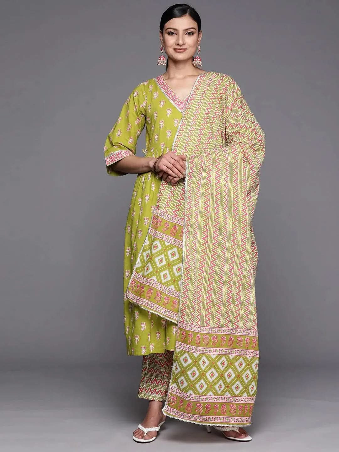 Green Printed Cotton A-Line Suit Set With Trousers - Libas 