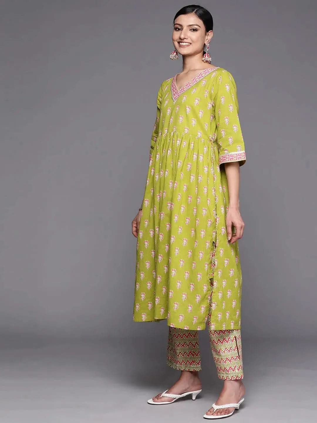 Green Printed Cotton A-Line Suit Set With Trousers - Libas 