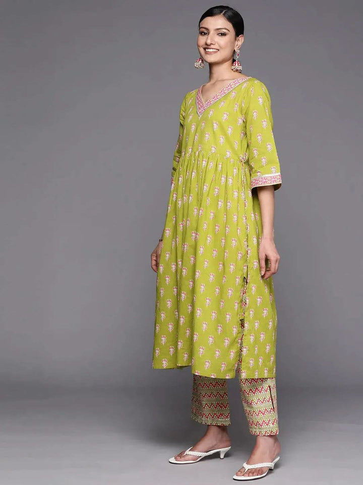 Green Printed Cotton A-Line Suit Set With Trousers - Libas