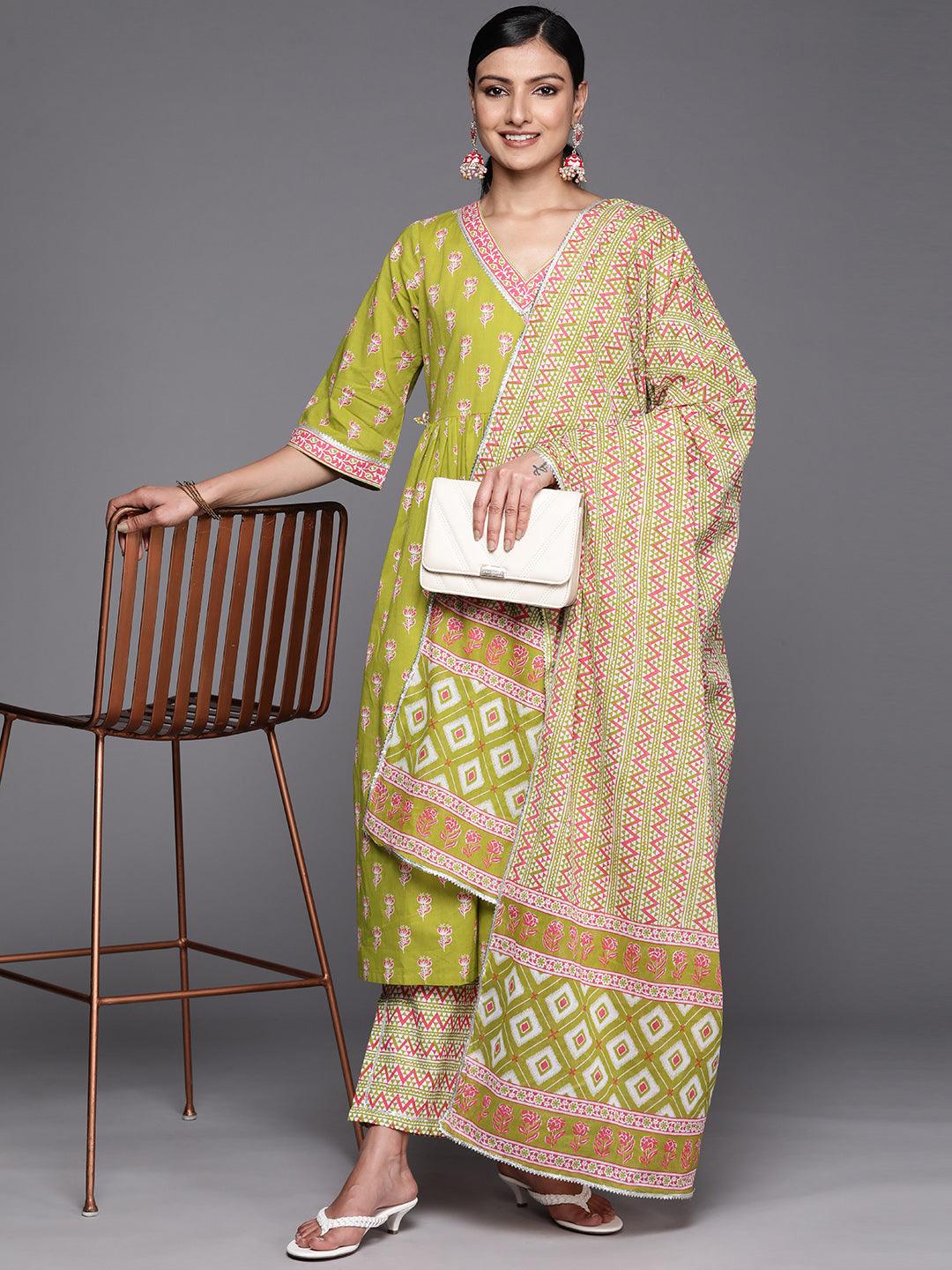 Green Printed Cotton A-Line Suit Set With Trousers - Libas